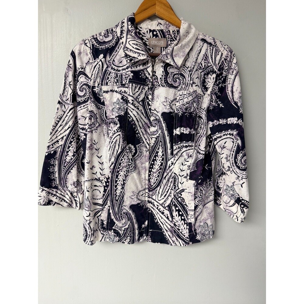 Chico's Jacket Womens Size 0 Paisley Purple Cream Cotton Stretch Zip Front